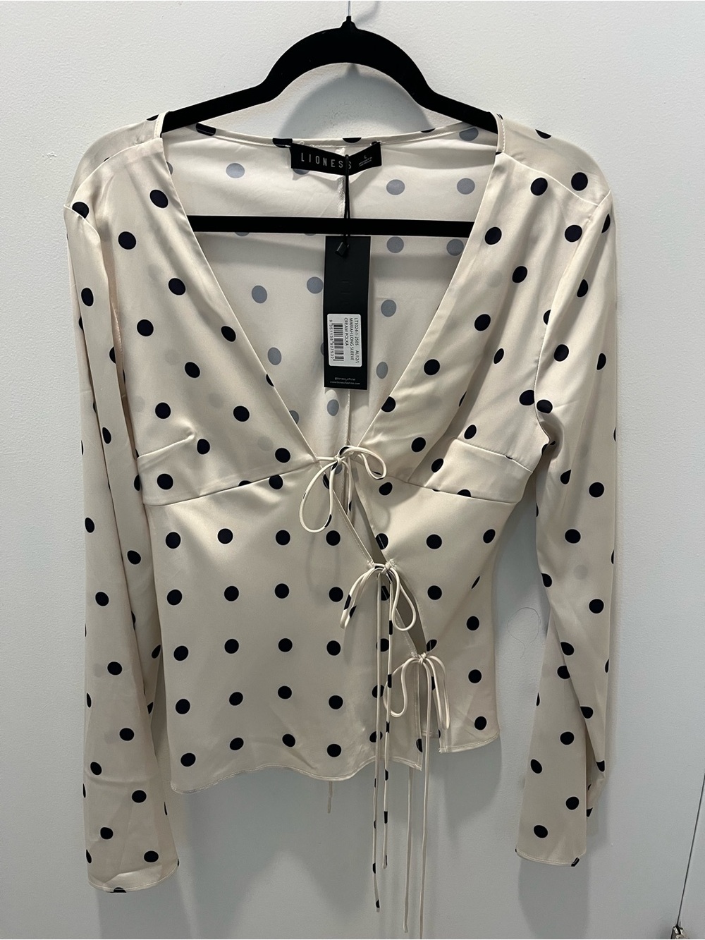 Lioness Cream Polka Dot Tie-Front Top with Black Dots - Mariah Long Sleeve - Picture 7 of 7